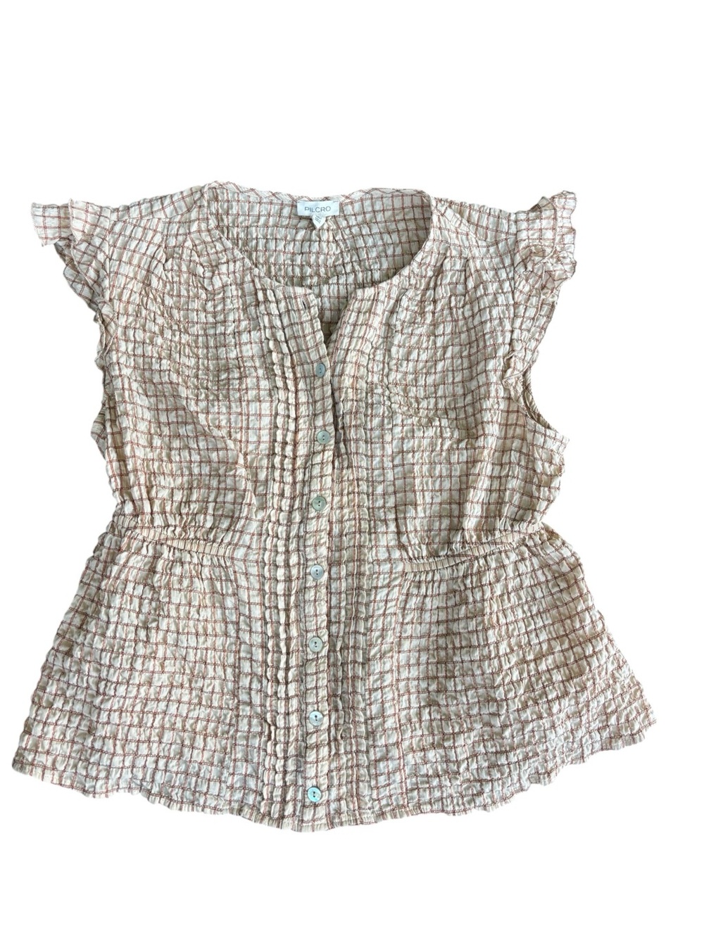Anthropologie Pilcro Flutter-Sleeve Buttondown Shirt Neutral Crinkle Boho Chic - Picture 5 of 10